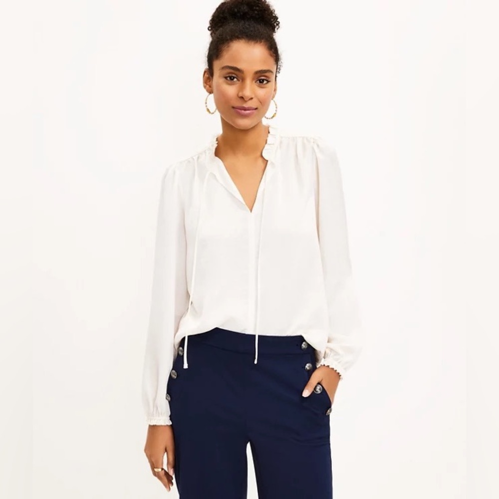 LOFT Petite Ruffle Tie Neck Mixed Media Blouse
